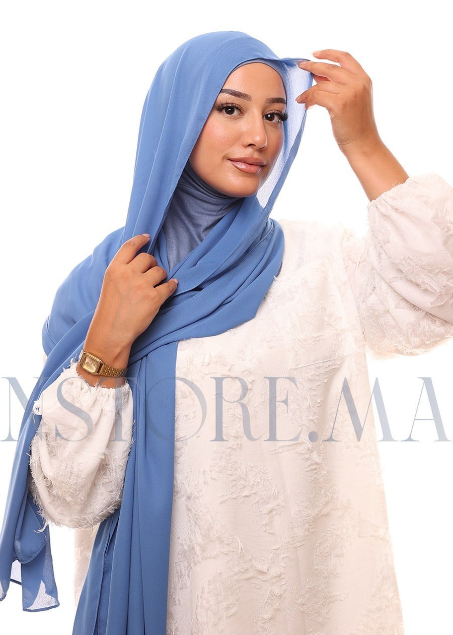 شال كريب حريري بالبوني "النينجا" - أزرق جينز