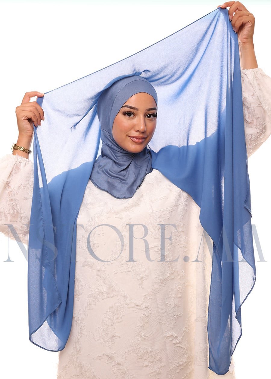 شال كريب حريري بالبوني "النينجا" - أزرق جينز