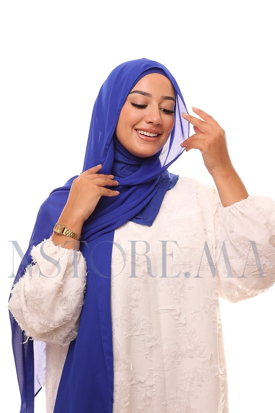 شال كريب حريري بالبوني "النينجا" - أزرق ملكي