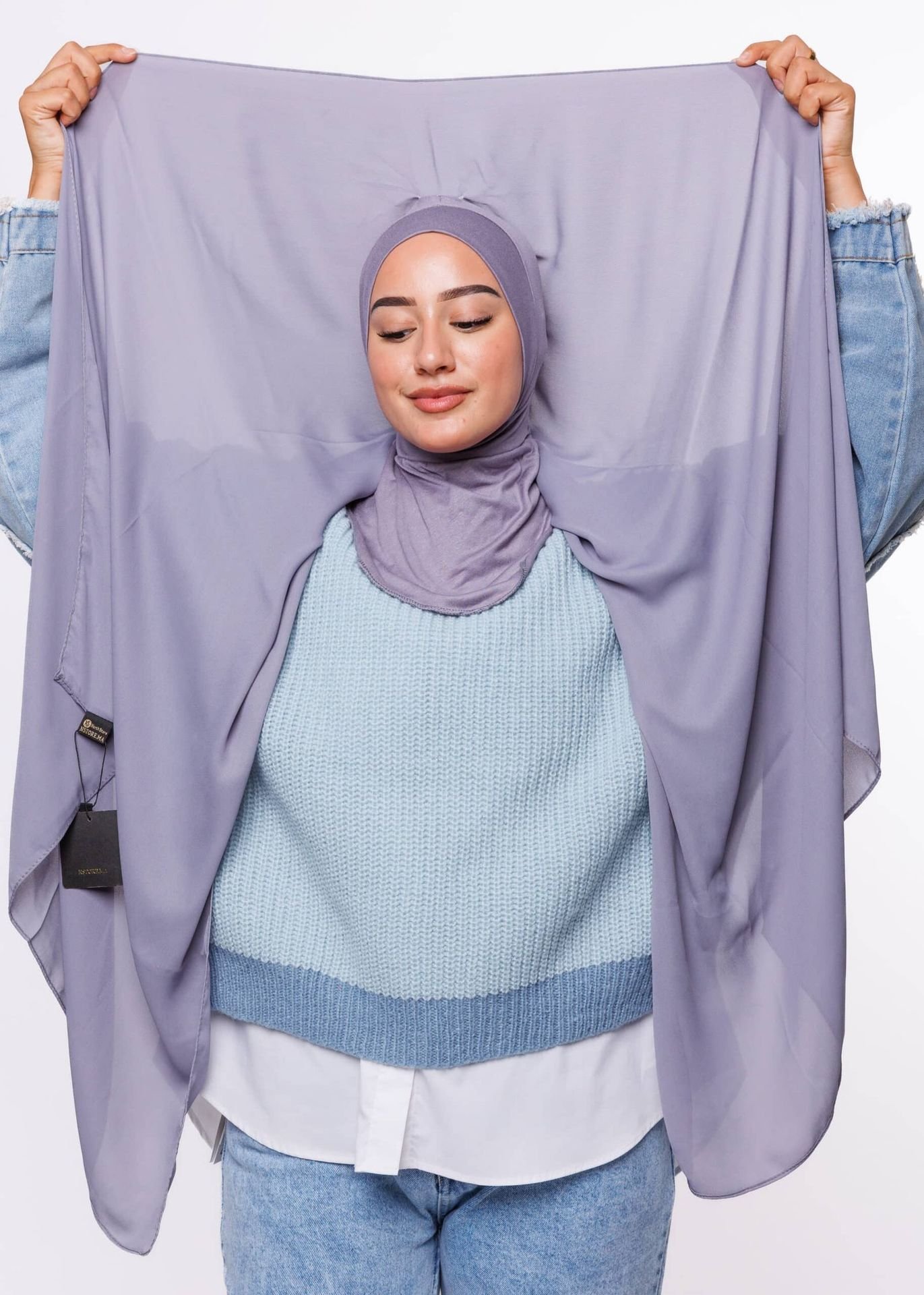 شال كريب حريري بالبوني " النينجا "  - رمادي